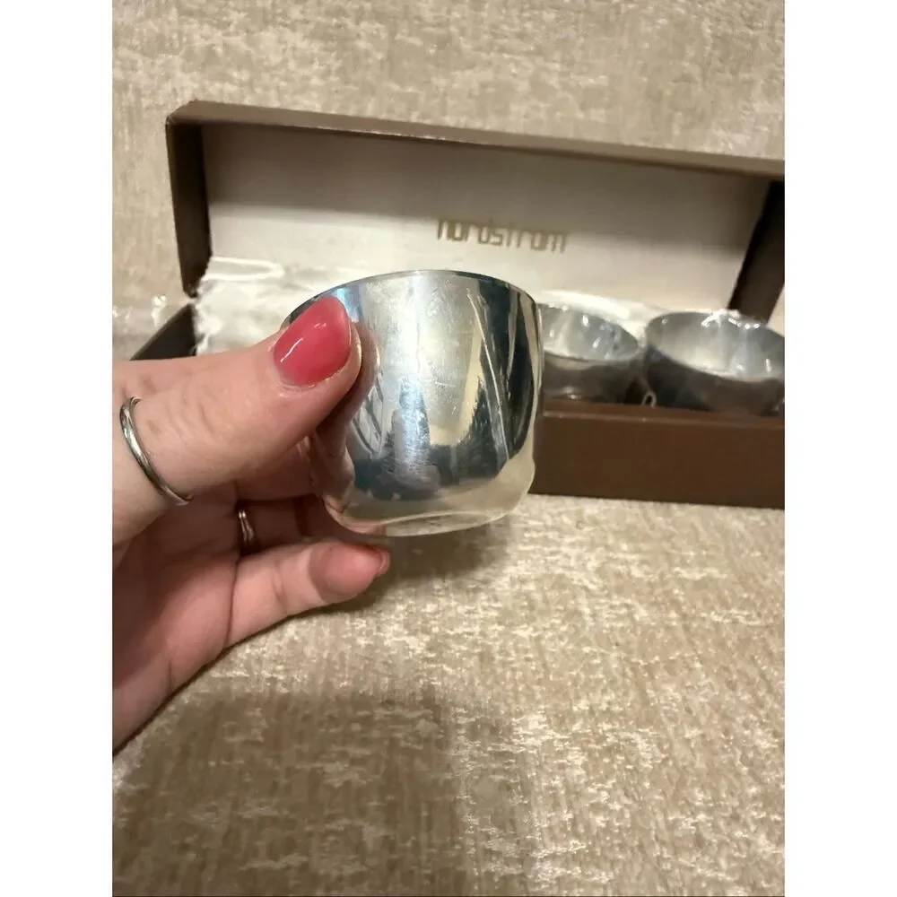 Vintage 80's Nordstrom Set Of 4 Pewter Shot Glasses in Brown Gift Box Silver